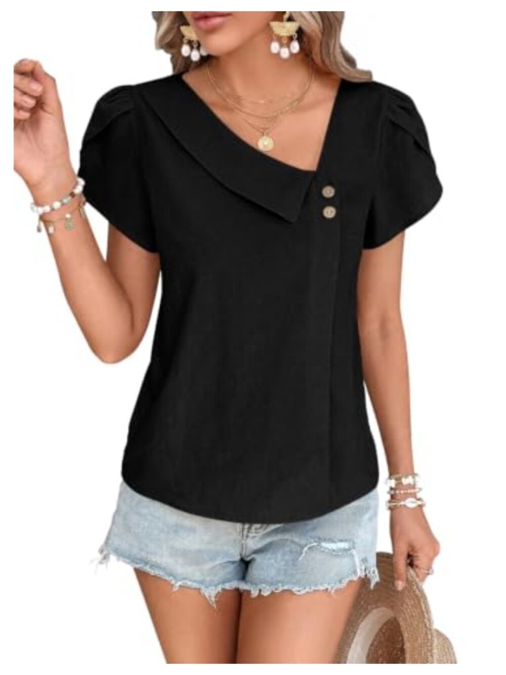 Falechay Women's V-Neck Petal Sleeve Button Blouse Asymmetric Collar Business